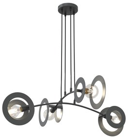 Lampadario 4 Luci Crono In Acciaio Nero A Bracci E Diffusori A Doppio Cerchio