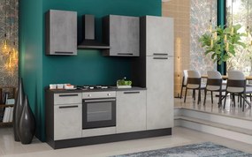 Cucina montata Dora bianco e grigio chiaro, lavello a sinistra, L 225 cm, completa di: cappa a camino, piano cottura a gas, forno e frigorifero