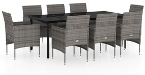 Set da pranzo per giardino 9 pz con cuscini grigio e nero