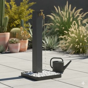 Fontana da Giardino Design a Colonna Quadrata Rubinetto in Ottone e Base con Ciottoli Antracite...
