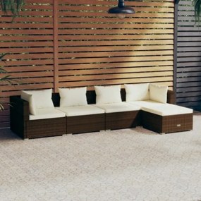 Set Divani da Giardino 5 pz con Cuscini in Polyrattan Marrone