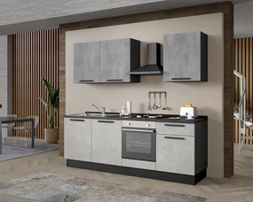 Cucina montata Dora bianco e grigio chiaro, lavello a sinistra , L 240 cm, completa di: cappa a camino, piano cottura a gas e forno
