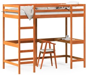 Letto Soppalco Con Scrivania Marrone Cera 100x200 Cm Legno Pino /
