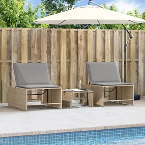 Lettini prendisole 2 pz con tavolino beige in polyrattan