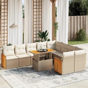 Set divano da giardino 10 pz con cuscini beige in polyrattan