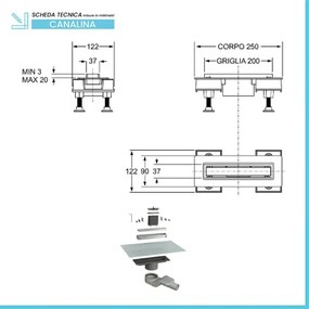 Canalina doccia 20 cm in alluminio reversibile scarico centrale, sifone e piletta inclusi