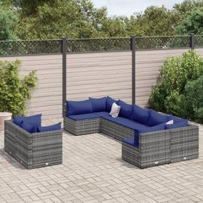 Set divano da giardino 9 pz con cuscini grigio in polyrattan