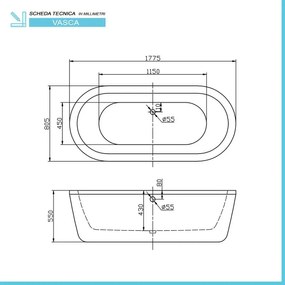 Vasca da bagno freestanding moderna 177,5x80,5 Piedini interni regolabili Alexandra