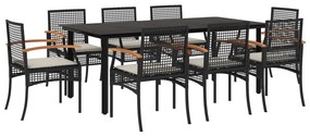 Set da pranzo da giardino 9 pz con cuscini nero in polyrattan
