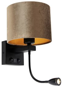 Wandlamp zwart met velours kap bruin 18cm - Brescia