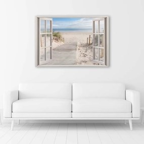 Quadro su tela, Finestra vista spiaggia mare  Dimensioni Tappeti 100x70