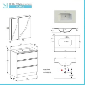 Mobile bagno sospeso 80 cm bianco legno con specchio contenitore Smart