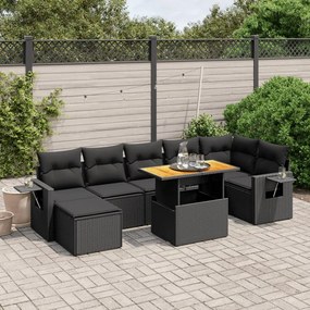 Set divani da giardino con cuscini 8 pz nero in polyrattan