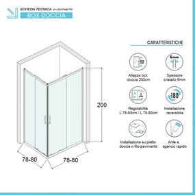 Box doccia angolare 80x80 cm doppio scorrevole in cristallo trasparente Ted