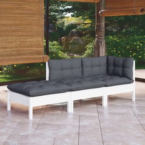 Set divani da giardino 3 pz con cuscini in massello di pino
