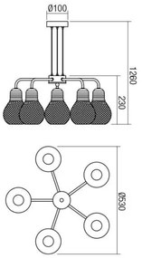 Redo 01-1580 - Lampadario a cavo EDISON 5xE27/42W/230V Ø 53 cm nero/rame