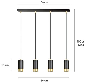 Lampadario 4 Luci Fumiko Con Cilindri In Acciaio Nero E Oro