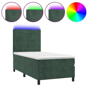 Letto a molle con materasso e led verde scuro 90x190 cm velluto