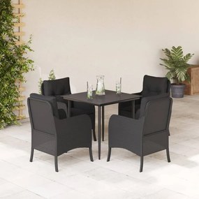 Set da pranzo da giardino 5 pz nero con cuscini in polyrattan