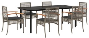 Set da pranzo da giardino 7 pz con cuscini in polyrattan grigio