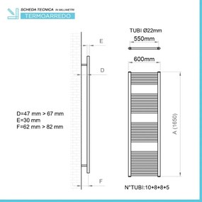 Termoarredo bagno cromo L 60x165 interasse 55 cm