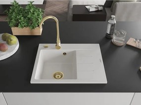 Mexen Ben lavello in granito 1-vasca con sgocciolatoio, sinistro 600 x 500 mm, bianco, sifone dorato - 6522605000-20-G