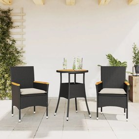 Set Pranzo Da Giardino 3 Pz Con Cuscini Nero Polyrattan Acacia /