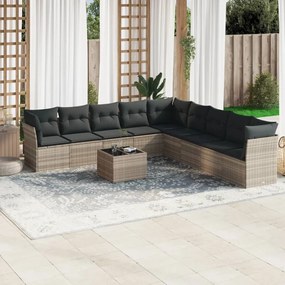 Set divano giardino 10 pz con cuscini grigio chiaro polyrattan