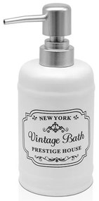 Dispenser sapone in ceramica bianca con stampe a contrasto nere stile vintage