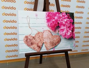 Quadro su tela – Peonie e cuoricini di betulla