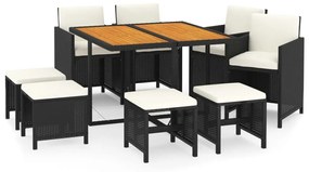 Set da pranzo per giardino 9pz con cuscini in polyrattan nero