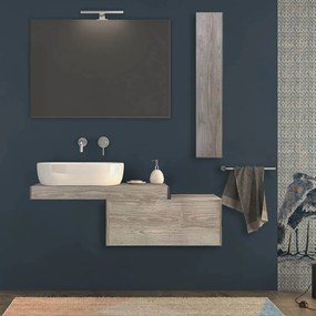 Mensolone bagno 90 cm Rovere sbiancato con specchio filo lucido, pensile da 100 cm e cassettone da 75 cm