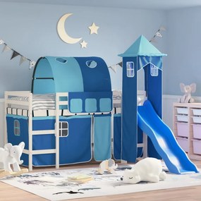 Letto A Soppalco Con Torre Bambini Blu 90x190cm Massello Pino /