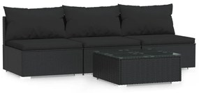 Set divani da giardino 4 pz con cuscini in polyrattan nero