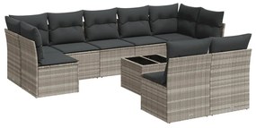 Set divano giardino 10 pz con cuscini grigio chiaro polyrattan