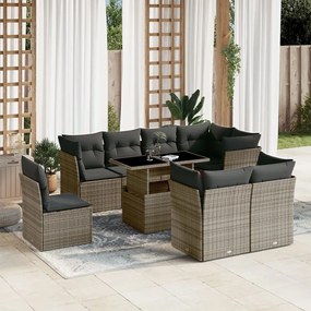 Set divano da giardino 9 pz con cuscini grigio in polyrattan