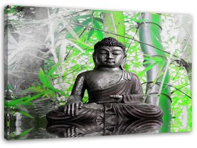 Quadro su tela, Buddha con foglie verdi  Dimensioni 100x70