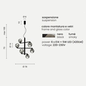 Lampada a sospensione GIZAH a 6 luci in metallo con diffusori in vetro soffiato NERO