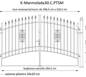 Cancello manuale con serratura manuale Marmolada in ferro, apertura centrale, L 308.5, H 165-195 cm, di colore ruggine