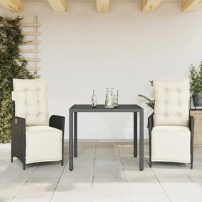 Set Da Pranzo Da Giardino 3 Pz Con Cuscini Nero İn Polyrattan /