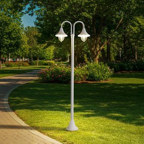 Lindby lampada da esterno Madea, bianca, a 2 luci, 213 cm, E27, IP44