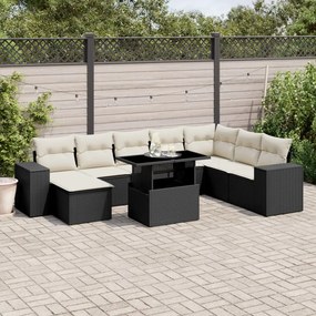 Set divani da giardino 9 pz con cuscini nero in polyrattan