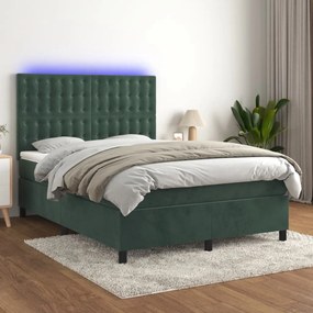 Letto a molle con materasso e led verde scuro 140x190cm velluto