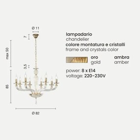 Lampadario a sospensione D82 cm VILLA a 8 luci in vetro lavorato a mano AMBRA