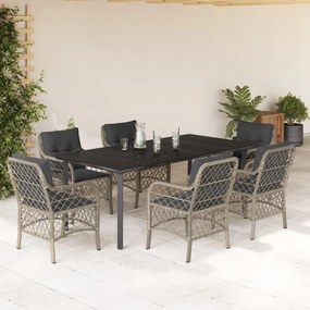 Set da pranzo da giardino 7 pz cuscini polyrattan grigio chiaro