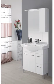 Mobile Bagno a Terra 85 Cm Due Ante Due Cassetti Specchio Con Pensile e Illuminazione Led Feridras "Stella" Bianco Lucido