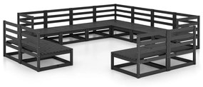 Set divani da giardino 11 pz nero in legno massello di pino