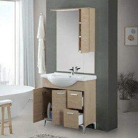 Mobile bagno a terra 85 cm rovere dolomite con pensile su specchio LED Desya