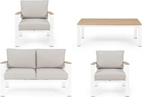 Salotto Da Esterno In Alluminio Bianco Inserti Legno Con Cuscini E Tavolino Belmar Bizzotto