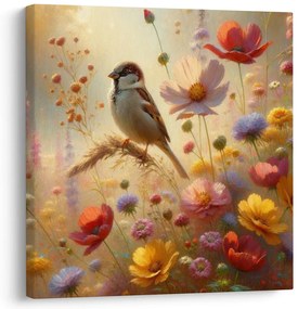 Quadro su tela – Uccellino nella natura in fiore
